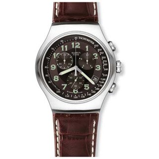 Swatch Men's Irony Brown Leather Quartz Watch with Black Dial