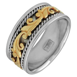 14k Two-tone Men's Handmade Comfort Fit Floral Wedding Band-Image