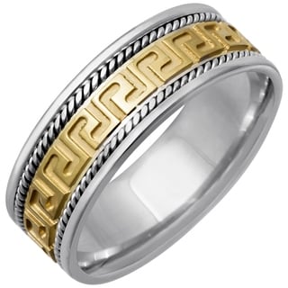 14k Two-tone Gold Men's Handmade Greek Key Design Wedding Band-Image