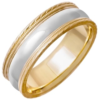 14k Two-tone Gold Men's Handmade Comfort Fit Milligrain Wedding Band-Image