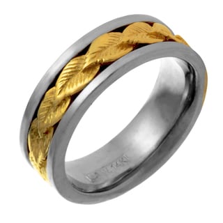 14k Two-tone Gold Men's Handmade Comfort Fit Leaf Wedding Band-Image