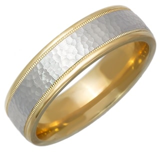 14k Two-tone Gold Men's Comfort Fit Handmade Hammered Wedding Band-Image