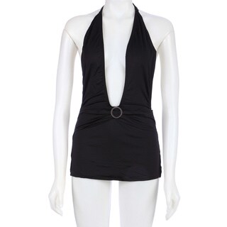 Click to Enlarge for Deep Plunge Ruched Back Halter Dress in Black by Rene Rofe Deep Plunge Ruched Back Halter Dress in Black by Rene Rofe-Image