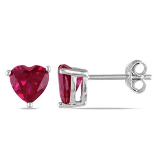 Miadora Sterling Silver 2ct TGW Created Ruby Solitaire Heart Earrings