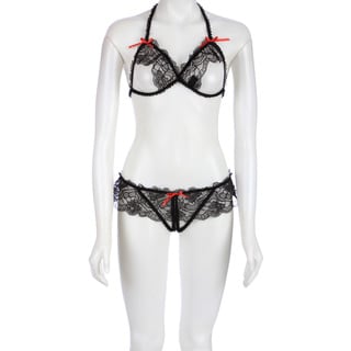Click to Enlarge for Lace Peek a Boo Bra & Crotchless Panty Set in Black by Rene Rofe Lace Peek a Boo Bra & Crotchless Panty Set in Black by Rene Rofe-Image