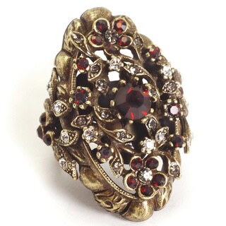 Sweet Romance Bronzetone Red Glass Floral Victorian Ring