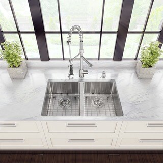 Vigo All in One 29-inch Undermount Double Bowl Kitchen Sink and Faucet Set