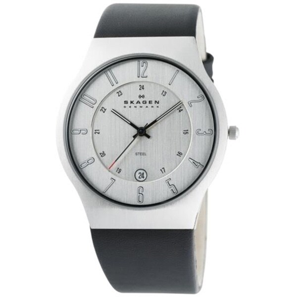 Skagen Men's 858XLSLC Black Leather Quartz Watch with White Dial