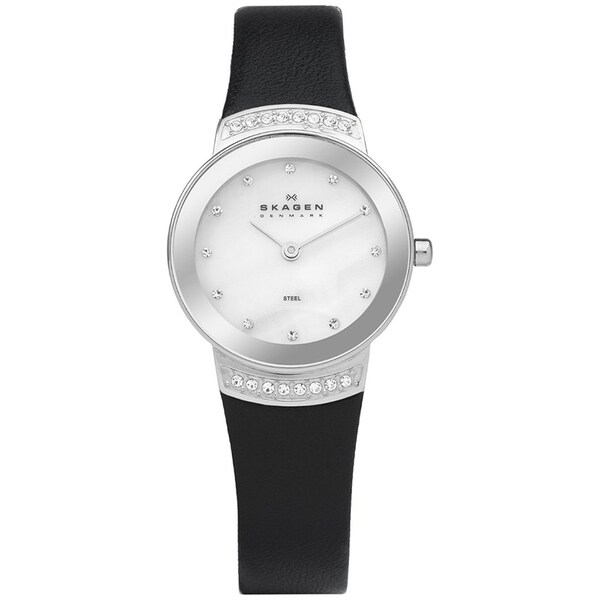 Skagen Women's 812SSLB1 Black Leather Quartz Watch with Mother-Of-Pearl Dial