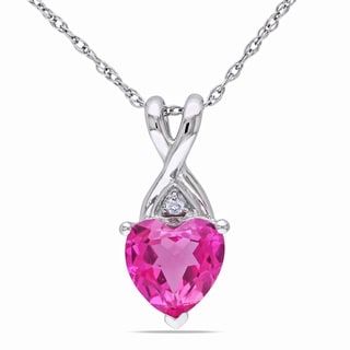 ... 10k White Gold Created Pink Sapphire and Diamond Heart Necklace