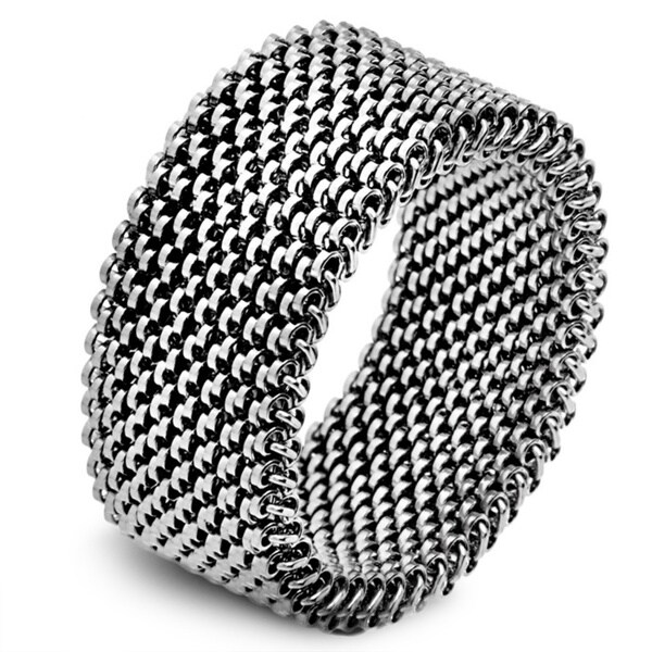 Men's Polished Stainless Steel Mesh Stretch Ring - 12mm Wide - 15599160