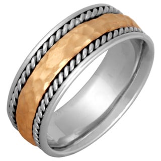 14k Two-tone Gold Men's Handmade Comfort-fit Hammered Wedding Band-Image