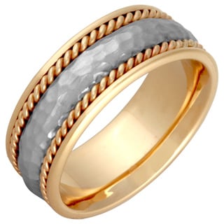 14k Two-tone Gold Men's Handmade Comfort-fit Hammered Rope Wedding Band-Image