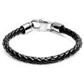 Men's Black Leather and Stainless Steel Braided Bracelet