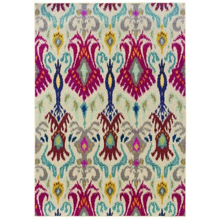 ( ._.) Vibrant Bohemian Ivory/ Red Polypropylene Rug (7'10 x 11')