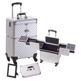 Seya Silver Aluminum 4-Wheel Spinner Rolling Makeup Case
