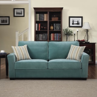 Portfolio Tara Turquoise Blue Velvet Sofa with Summer Blue Stripe Accent Pillows