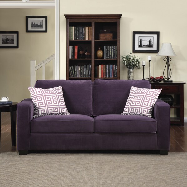 Madi Purple Velvet Sofa with Amethyst Purple Greek Key Accent Pillows