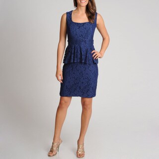 R & M Richards Women's Petite Navy Crochet Peplum Dress
