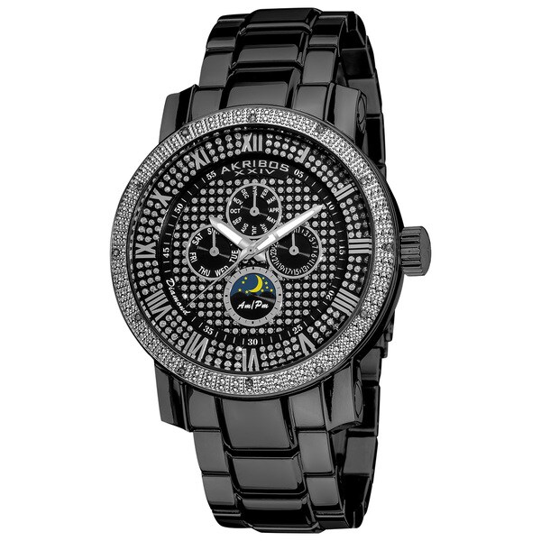 Akribos XXIV Men's Pave Dial Multifunction Black Stainless Steel Bracelet Watch