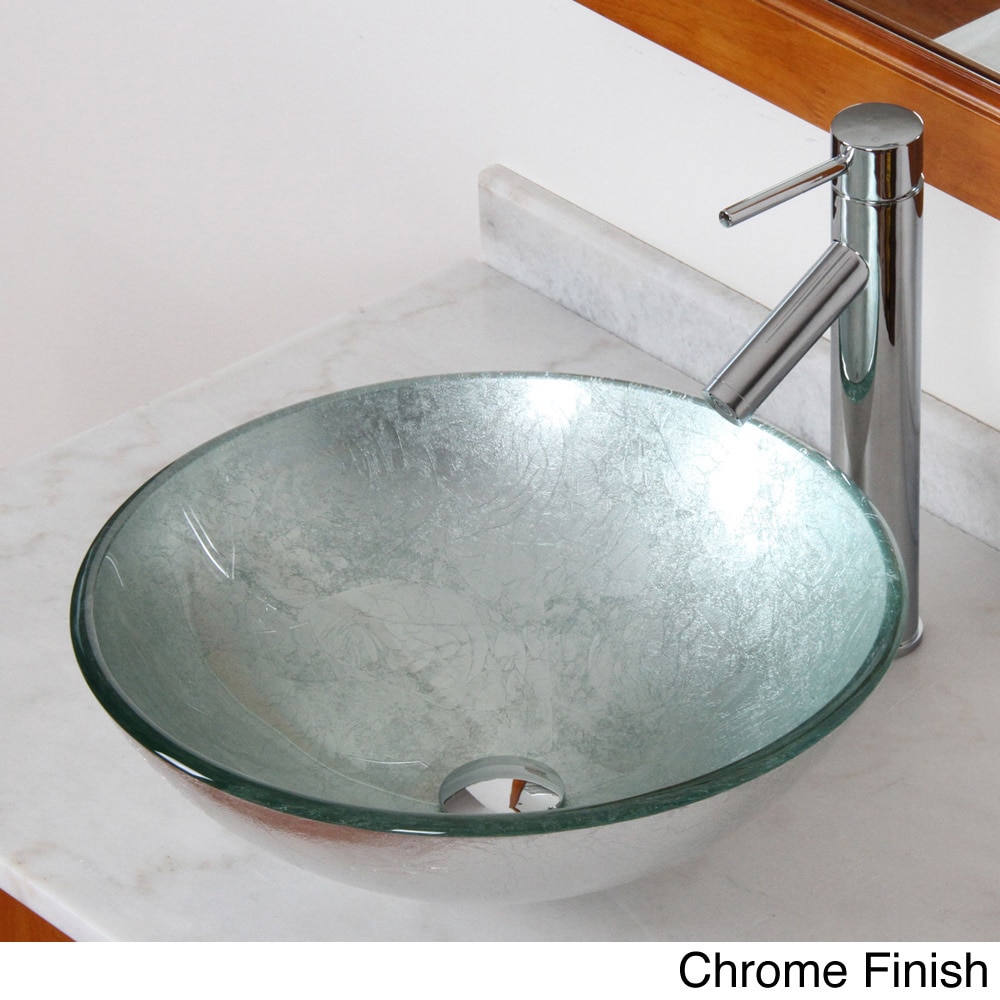 Silver Wrinkles Tempered Glass Bathroom Vessel Sink with Faucet Combo ...