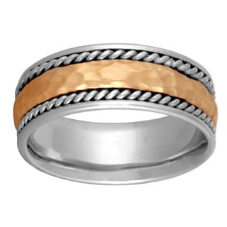 14k Two-tone Gold Handmade Comfort-fit Hammered and Woven Wedding Band-Image