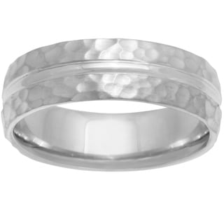 14k White Gold Women's Comfort Fit Hammered Wedding Band-Image