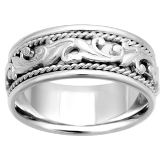 14k White Gold Women's Comfort Fit Handmade Leaf Wedding Band-Image