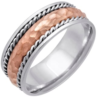 14k Two-tone Gold Women's Comfort Fit Handmade Hammered Rope Wedding Band-Image