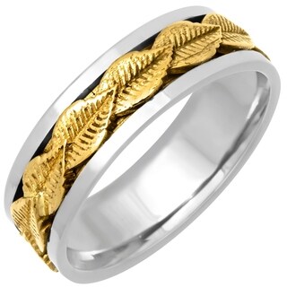 14k Two-tone Gold Women's Comfort Fit Handmade Leaf Wedding Band-Image