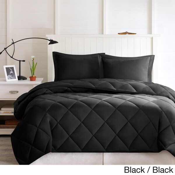 Black Comforter Set Full Queen Size 3piece Down Alternative Reversible