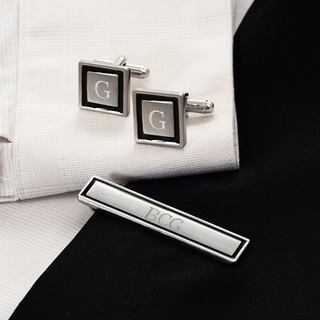 Silvertone Personalized Black Border Cuff Links and Tie Clip Set