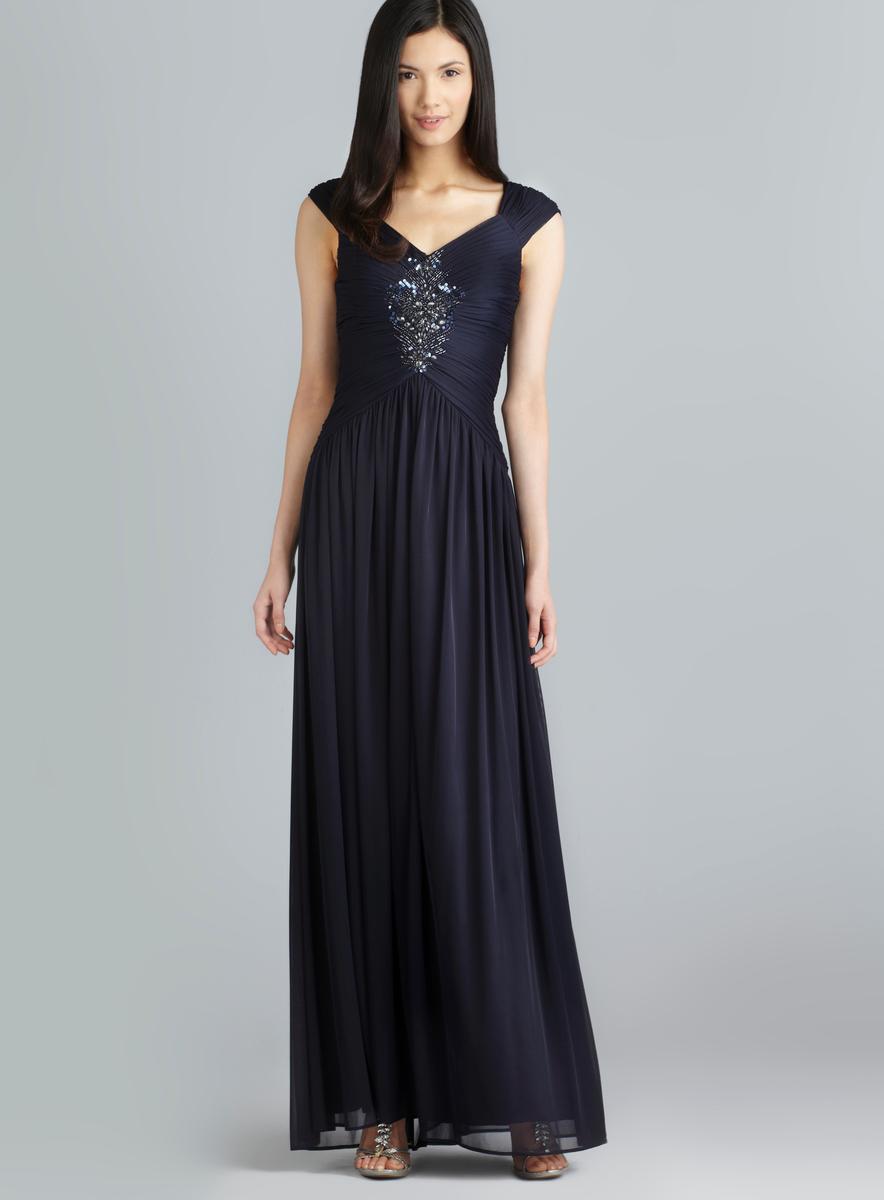 adrianna papell long sleeve beaded gown