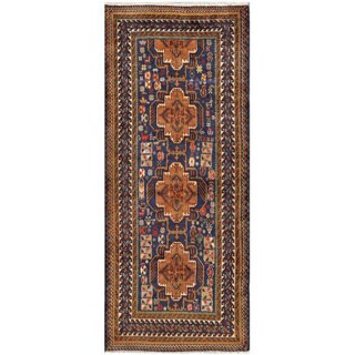 Afghan Hand-knotted Tribal Balouchi Navy/ Light Brown Wool Rug (3'5 x 8'3)