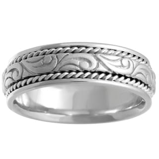 14k White Gold Handmade Comfort-fit Carved Wedding Band-Image