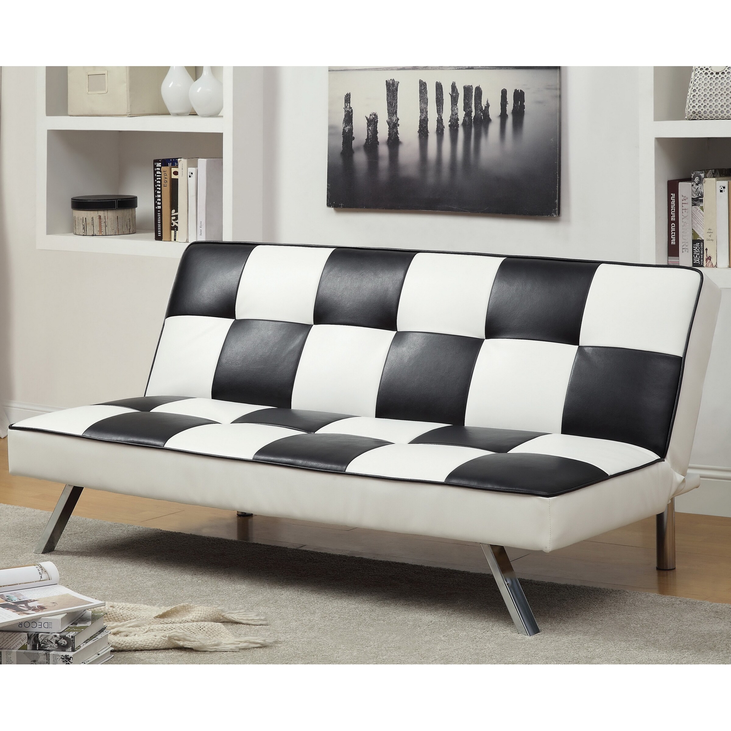 Aprentis Modern Retro Black/ White Checker Leatherette Futon