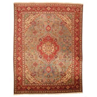 Antique 1940's Persian Hand-knotted Tabriz Turquoise/ Red Wool Rug (10' x 13'1)