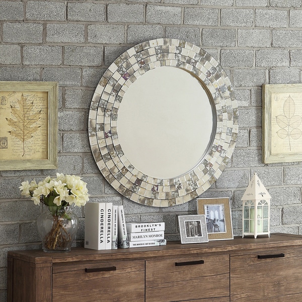 INSPIRE Q Palmer Frosted Tile Silver Finish Round Accent Wall Mirror