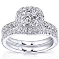 Annello 14k White Gold 1 5/8ct TDW Cushion and Round Halo Diamond Bridal Set (H-I, SI1-SI2)