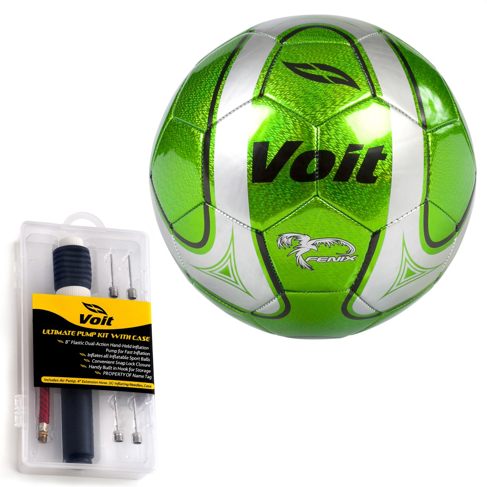 Voit Size 5 Fenix Soccer Ball with Ultimate Inflating Kit - Green and Silver-Image