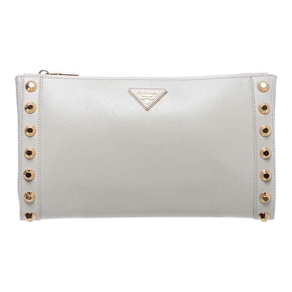 prada silver bag - Prada \u0026#39;Vernice\u0026#39; Off White Saffiano Leather Studded Clutch ...