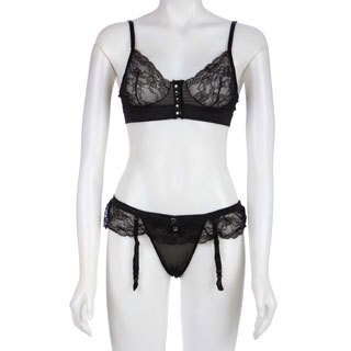 Snap Up Lace &amp; Bra &amp; Garter Thong Set in Black by Rene Rofe-Image