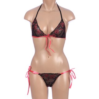 Rene Rofe Black Lace One-size Tie-Up Bra &amp; Thong with Pink Trim