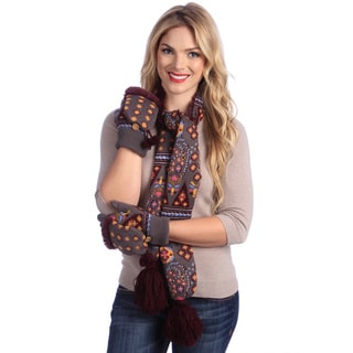 MUK LUKS Women's Grey/ Plum Knit Scarf and Glove Mitten Set-Image