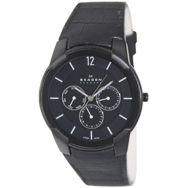 Skagen Men's 856XLBLB Black Leather Automatic Watch with Black Dial