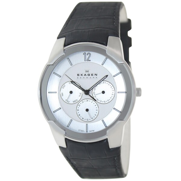 Skagen Men's 856XLSLC Black Leather Quartz Watch with White Dial