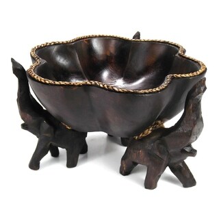Today Sale 6-inch Triumphant Elephants Carved Rain Tree Wooden Bowl (Thailand)