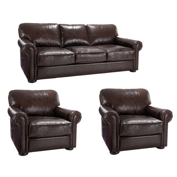 Brompton Cocoa Brown Italian Leather Oversize Sofa And Two Chairs