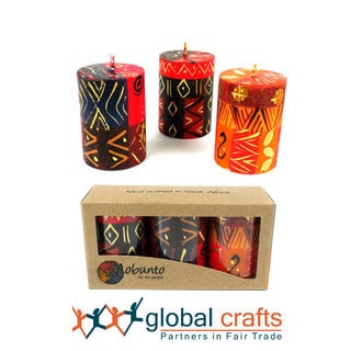 Set of Three Boxed Hand-painted Mini-Pillar Candles with Bongazi Design (Set of 3) (South Africa)