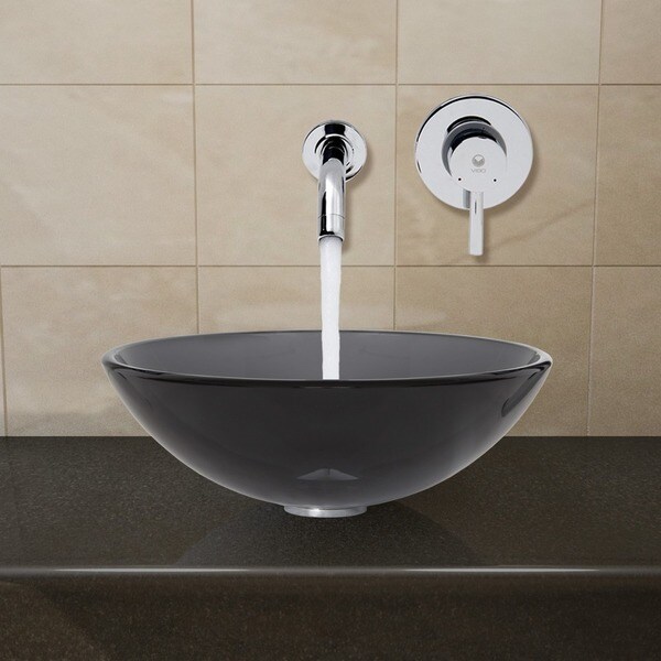 VIGO Sheer Black Glass Vessel Sink and Chrome Wall Mount Faucet Set ...